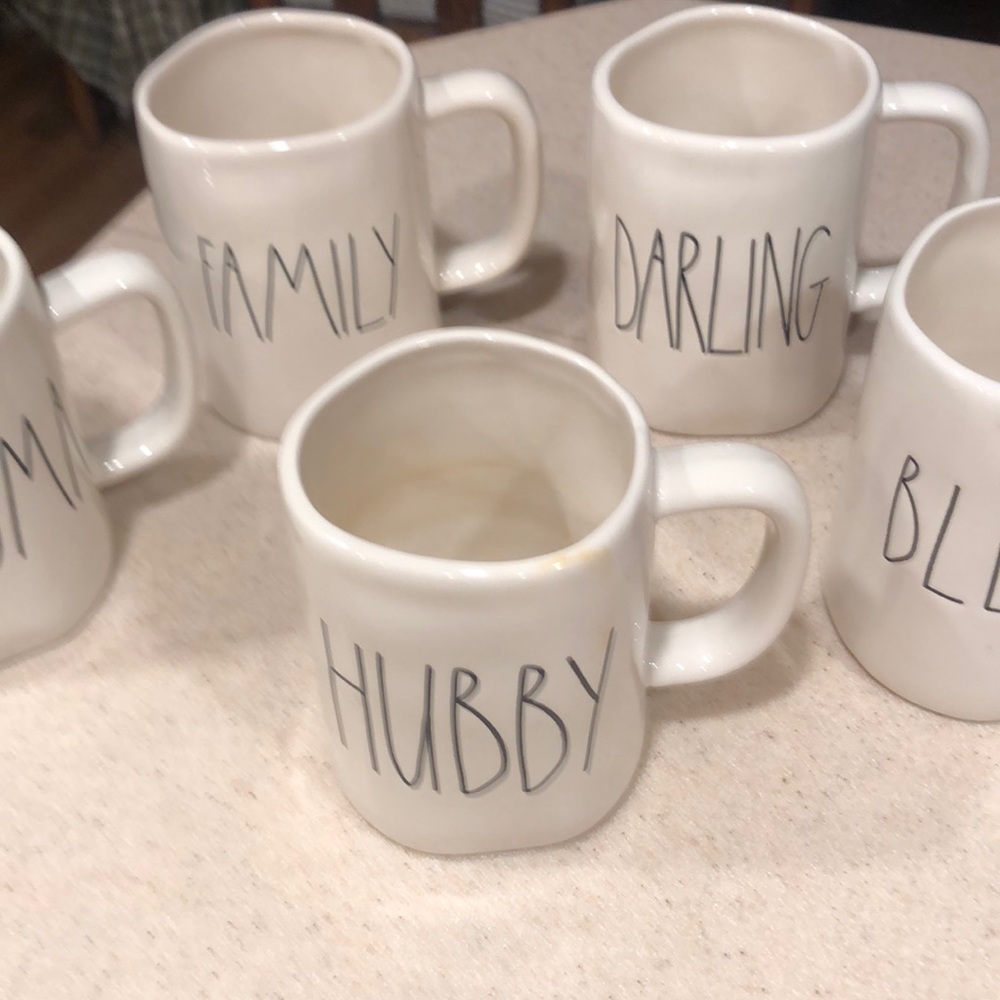 Rae Dunn mugs. Selling as lot 5 one has a chip
